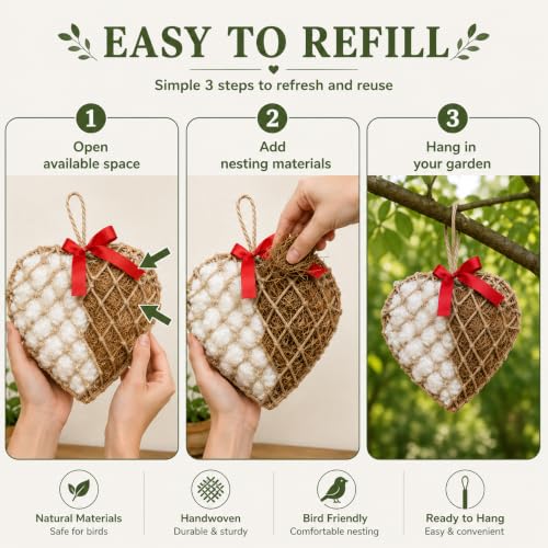 Bird Nesting Material Holder, Hanging Nesting Material Dispenser, Bird Nest Builder with Natural Cotton & Coconut Fiber, Heart Shaped Rattan Holder for Bluebirds, Chickadees, Finches