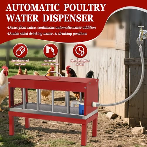 Automatic Chicken Waterer Stainless Steels Large Poultry Waterer Dispenser 11 Windows with Float Valve Kit Hose Accessorie for Duck Goose Pigeon Quail Turkeys
