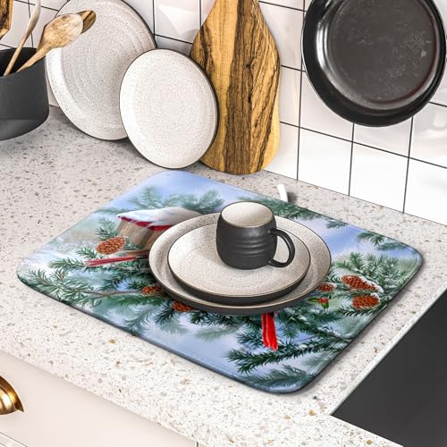 Winter Red Cardinal Bird Dish Drying Mat for Kitchen Counter,Holly Berry Branches Xmas Snowflake Cabin Drying Mat 16 x 18 Inch with High Absorbent Microfiber Drainer Mat for Coffee Bar - color: Red Bird, size: 16" x 18"