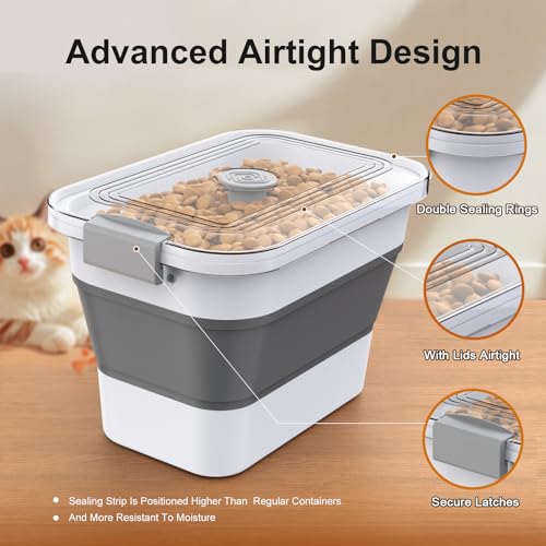 Dog Food Storage Container, 15-23 Lbs Collapsible Dog Food Container with Transparent Airtight Lid, Wheels and Scoop, Travel Pet Food Storage Container for Cat, Dog and Bird, Keep Dry Food Fresh - color: Grey