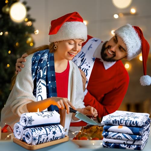 Oudain Sets of 6 Christmas Kitchen Towels Xmas Dish Towel Blue Buffalo Plaid Winter Elk Snowman Cottage Truck Hand Dishcloths Kit Novelty Gifts for Party Supplies Kitchen Bathroom Decor - color: Blue Plaid