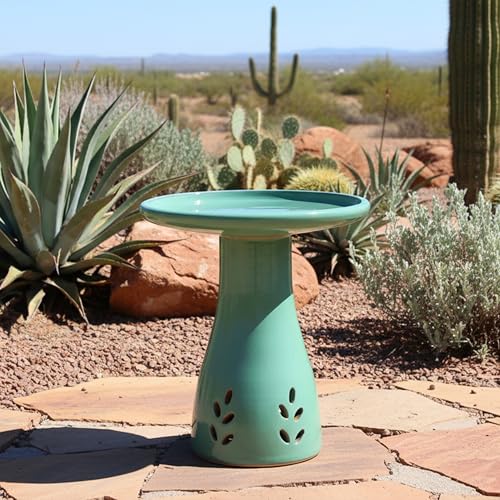 Sunnydaze Hand-Painted Ceramic Outdoor Bird Bath for Garden, 21” H, Seafoam | UV & Frost-Resistant Mineral Glazed Finish, 1 Gal Water Cap, Easy Assembly, Pedestal Bird Bath for Outside, Ceramic Birdbath