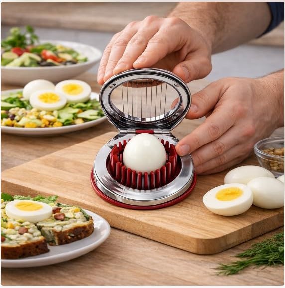 Egg Slicer & Cutter for Hard Boiled Eggs – 2-Way Multipurpose Stainless Steel Slicer for Fruits & Vegetables – Includes Cleaning Brush