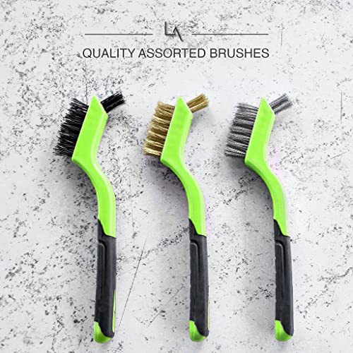Wire Brush Set 3Pcs - Nylon/Brass/Stainless Steel Bristles with Curved Handle Grip for Rust, Dirt & Paint Scrubbing with Deep Cleaning – 7 Inches (Green) - color: Green