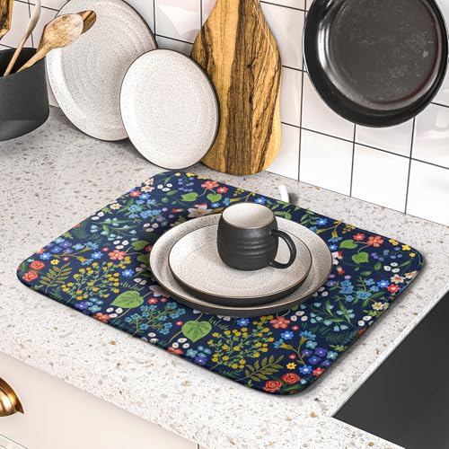 Flower Floral Dish Drying Mat Microfiber Navy Blue Absorbent Drying Pad for Kitchen Counter Small - color: Colored Flower, size: 18" x 16"