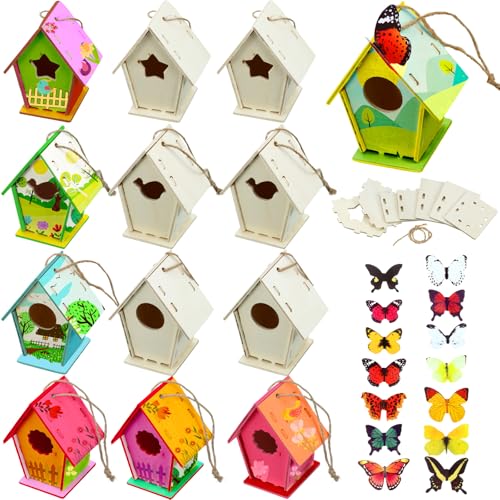 Outus 12 Pcs Wooden Birdhouse Craft Kits to Build, 4 Shapes Wooden Unfinished Bird House with Butterfly Sticker for and Arts Crafts Bulk Painting Kits(Classic Style,3.6×4 Inch) - style: Classic