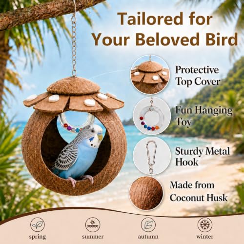 Handcrafted Coconut Bird Nest and Breathable Cage Hide Hut, Multi-Purpose Bird Cage Accessories, Suitable for Parakeets, Budgies, Lovebirds, Parrots, Hamsters and Small Pets