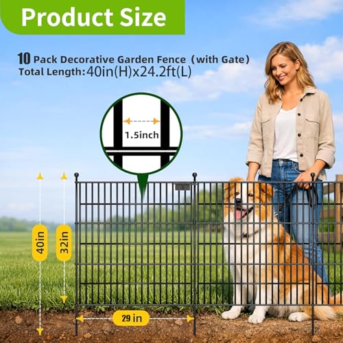 Toolterritary 10 Panels No Dig Garden Fence with Gate, 32 in(H) X24.2 ft(L) Metal Fence Panels, Thickened Rustproof Garden Fencing, Animal Barrier Fence for Dogs, Rabbits, and Patio - size: 32 in(H)×29in(L)