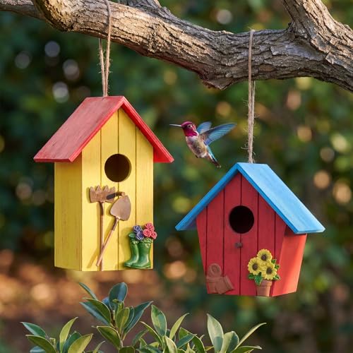 DoubleFill 2 Pcs Birdhouses for Outdoor Hanging Yard Outside Wooden Birdhouse Hand Painted Bird Box for Bird Lovers Bluebird Tree Garden Decor Decorative Birdhouse(Red,Yellow,Wooden Roof) - color: Red,Yellow, size: Wooden Roof