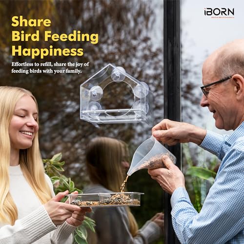 Window Bird Feeder, Wind-Proof Tray Lock, Chew-Resistant PC, Clear 1 PK | 5 Suction Cups, Sliding Tray, Extra Perch Ring, Weather-Resistant, Easy to clean, Durable for Outdoor