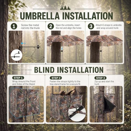 Feekoon Tree Stand Blind & Hunting Umbrella Kit, Camo Treestand Blind Cover with Portable Tree Stand Umbrella, Weather-Resistant Hunting Concealment Screen for Deer & Turkey Hunt