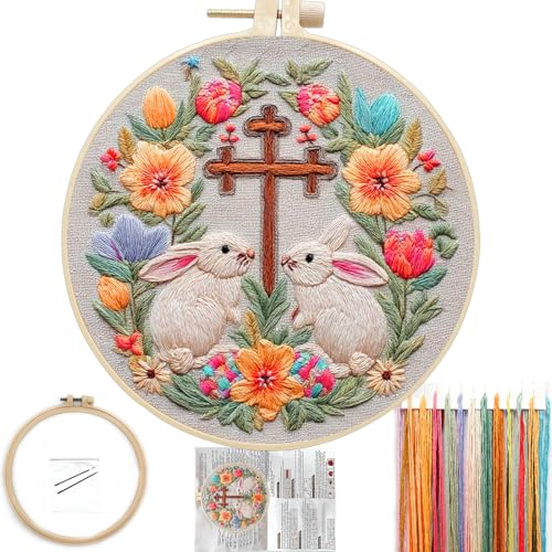 FONNUY Easter Rabbit Floral Cross Embroidery Kit, Easter Egg Happy Rabbits Bunny Stamped Pattern Kits for Audlt Beginners, Hand Works Crafts, 8 x 8'' (Happy Bunny 04) - color: Happy Bunny 04