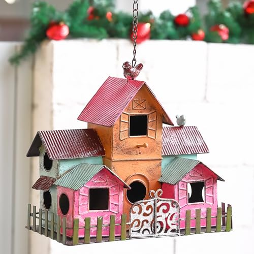 Large Bird Houses for Outside Hanging, Metal Bird Houses for Outside with 5 Compartments for Birds to Nest in, Durable Colorful Bird House 10 Hole Birdhouses for Outdoors Hanging - style: Colorful 2