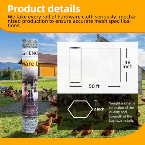Chicken Wire Mesh 48in x 50ft Hexagonal Poultry Wire Netting | Galvanized Hardware Cloth, Garden Fence Barrier Mesh, for Pet Rabbit Garden Chicken Wire Fencing - size: 48in x 50ft 2inch