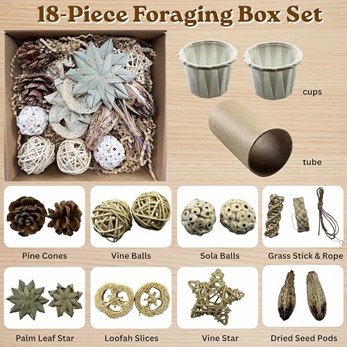 Parrot Foraging Shredding Chew Toys Natural Materials, Interactive Foraging for Birds, Tearing Chewing Bird Set, Enrichment Shredding Box for Parakeets Cockatiels Conures, Parrot Accessories (Natural)