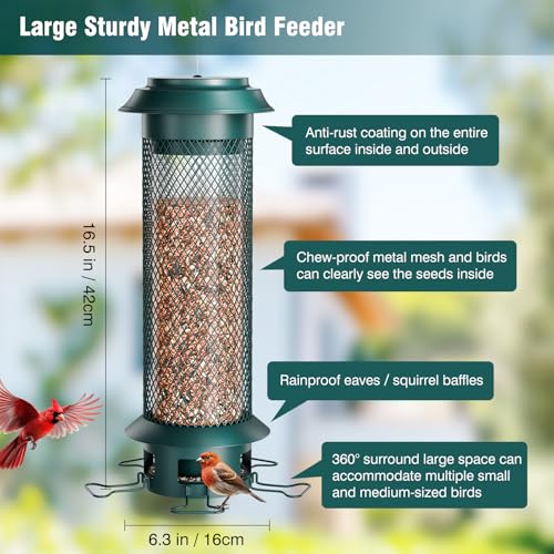 Large Squirrel Proof Bird Feeder with Removable Base, Weight-Activated Cage, Easy to Clean & Spill-Proof, 5 Perches, 4 lb Capacity, Tube Metal Bird Feeder for Outdoors Cardinals, Finches - color: Green