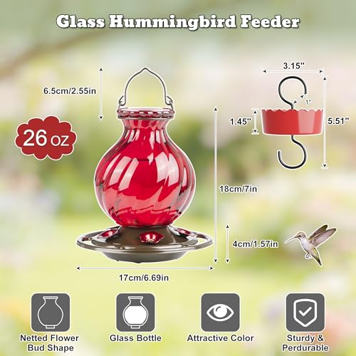 Auslar Glass Hummingbird Feeders for Outdoors Hanging, Red, 26 Oz | Hummingbird Feeder with Ant Proof Moat, 5 Bee Proof Feeding Ports, 360°Perch, Leak-proof, Outside Garden Backyard Decor - color: 1. Red