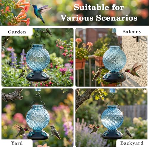 25 OZ Glass Hummingbird Feeder for Outdoors, Leak Proof Hummingbird Feeder with Ant Moat, 4 Bee Resistant Feeding Ports, Easy Clean Wide Mouth Design, Hanging Nectar Feeder, Blue - color: Blue - 25oz