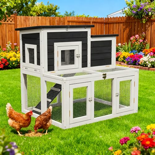 Small Chicken Coop for 1-2 Chickens,2-Story Starter Coop Outdoor Guinea Pig Cages Poultry Pet Run House with Non-Slip Ramp & Removable Tray for Bantam Serama Hen,Other Small Breed Fowl(Grey1) - color: Grey1