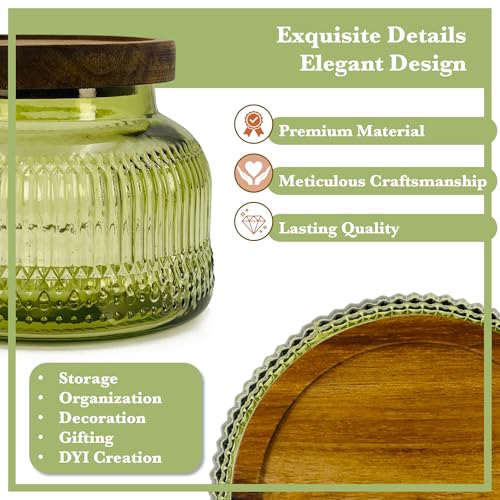 Decorative Green Ribbed Glass Jar with Airtight Wooden Lid, 25.4 fl. oz | Wide mouth vintage storage canister, kitchen pantry bathroom organization, coffee sugar tea cookie candy candle vase gift - size: 25.4 Ounces, style: Green Ribbed