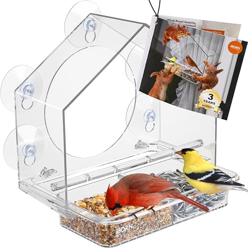 Window Bird Feeder, Wind-Proof Tray Lock, Chew-Resistant PC, Clear 1 PK | 5 Suction Cups, Sliding Tray, Extra Perch Ring, Weather-Resistant, Easy to clean, Durable for Outdoor