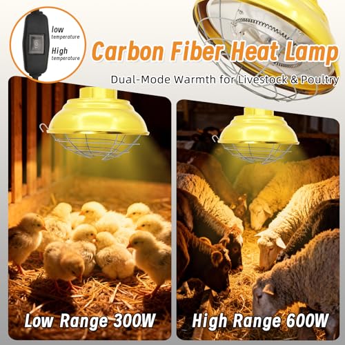 Chicken Heat Lamp 600W Carbon Fiber Tube Brooder Heater Lamp Hanging Chicken Heat Bulb Dual Temperature Adjustable (300/600W) for Chicks,Ducks,Dog Kennel,Cat House