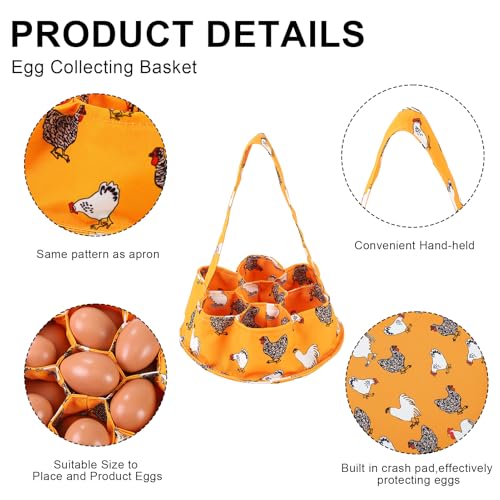 Egg Collecting Apron and Basket, 12 Pouches Chicken Egg Apron, 7 Pouches Chicken Eggs Basket, Collector Chicken Eggs - color: Yellow Flower Chicken, Half-body