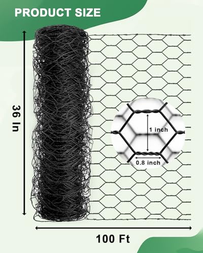 Black PVC Coated Chicken Wire, 36in x 100ft Poultry Netting Roll, 1 inch Hex Mesh Garden Fence for Chicken Coop, Rabbit Pen, Yard - size: 36 inchx100 Ft