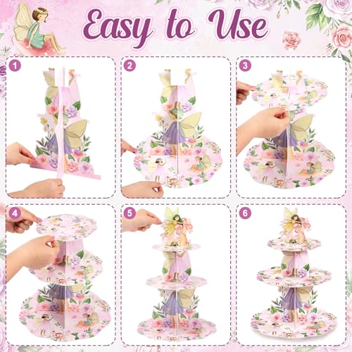 3 Tier Fairy Party Decoration Fairy Cupcake Stand Decoration Floral Cupcake Tower Woodland Garden Theme Cake Holder Table Display for Tea Birthday Party Supplies - style: Fairy