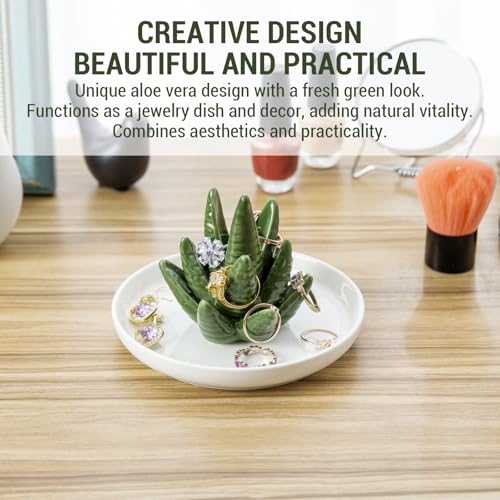 MyGift Decorative White Ceramic Ring Tray for Jewelry, Ring Cone and Trinket Tray with Raised Heart Design (Ceramic Aloe) - color: Ceramic Aloe