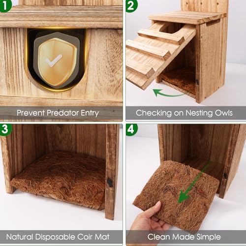 Owl House, Large Wooden Owl Nesting Box for Outside (8.7" x 7.5" x 14.2"), 3.3" Predator-Deterrent Entrance, Side Vent Holes & Bottom Drainage, Includes 2 Coco Liners, Easy Assembly
