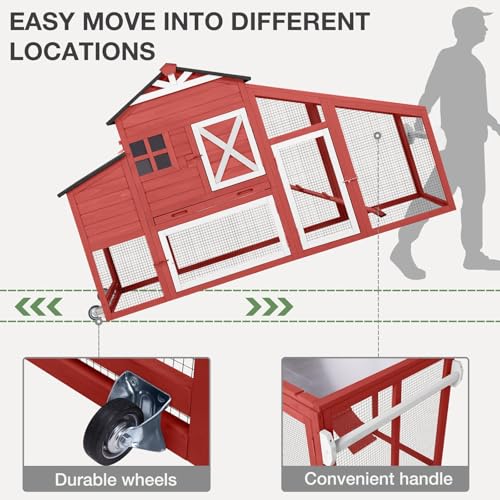 Mobile Chicken Coop with Wheels, Wooden Chicken House with Run, Large Hen Cage with UV Proof Roof and Leak-Proof Tray, Outdoor Chicken Coops with Nesting Box for 2-4 Chickens (Red)