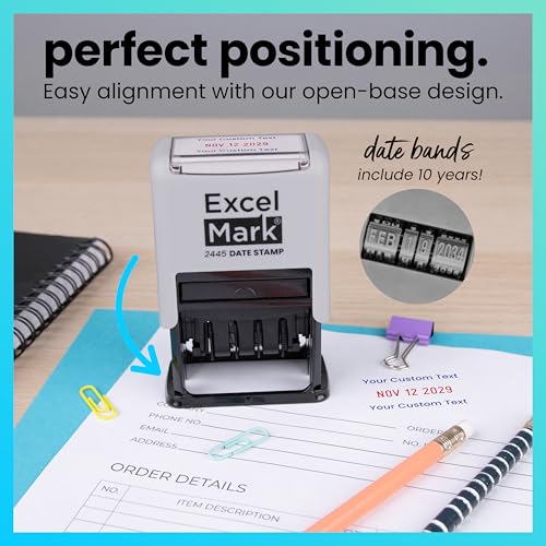 ExcelMark 2445 Date Stamp with Text - Blue and Red Ink (Gray Mount, Custom) - color: Gray Mount, size: Custom