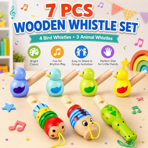 Garneck 7 Pcs Wooden Whistle Set: Cute Bird Animal Whistles for Kids Toddler Colorful Music Noisemakers for Birthday Party Classroom Rhythm Activity props