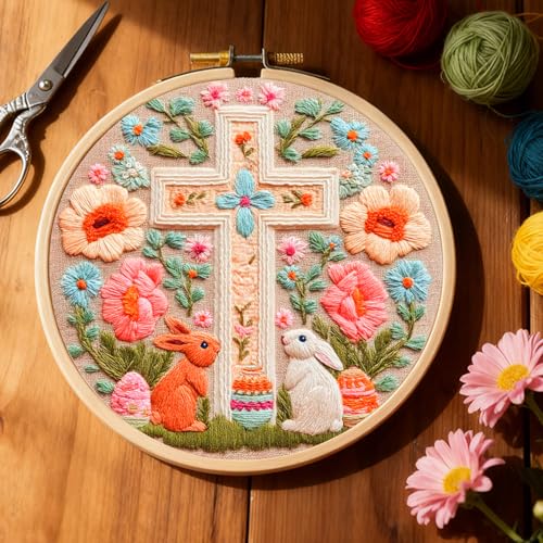 FONNUY Easter Rabbit Floral Cross Embroidery Kit, Easter Egg Happy Rabbits Bunny Stamped Pattern Kits for Audlt Beginners, Hand Works Crafts, 8 x 8'' (Happy Bunny 03) - color: Happy Bunny 03