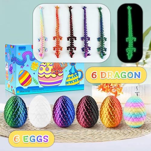 Impossmaker 8" 3D Printed Easter Dragon Eggs with 3D Printed Dragon Inside, Easter Basket Stuffers Mini Dragon Egg Set Articulated Crystal Dragon Fidget Toy for Adults Teens - style: 6P-S1