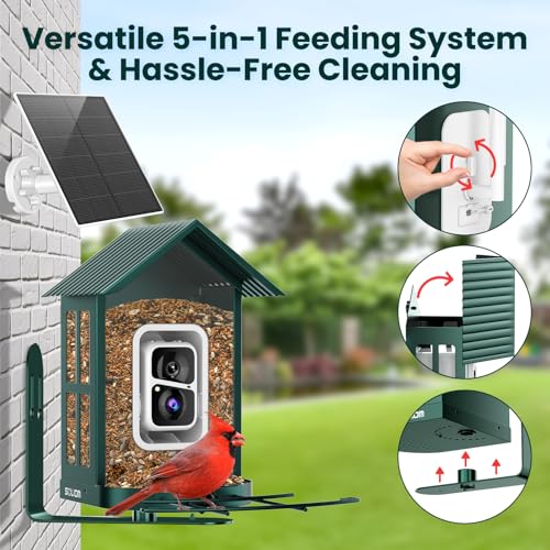 SOLIOM Bird Feeder with Camera, Solar Smart Bird Feeder Camera with AI Bird Identification, 2K HD Live View & Instant Alerts, Squirrel-Proof Metal Outdoor Bird Feeder, Bird Watching Gift Set (Green) - color: Green Medium Set