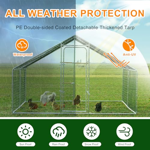 Chicken Coop Large Metal Chicken Run, Outdoor Walk-in Poultry Spire Roof Cage with Chicken Perch for Hen House, Duck Coop and Rabbit Run, Silver (9' L x 13.1' W x 6.56' H) - size: 157.5"L x 118.1"W x 78.7"H