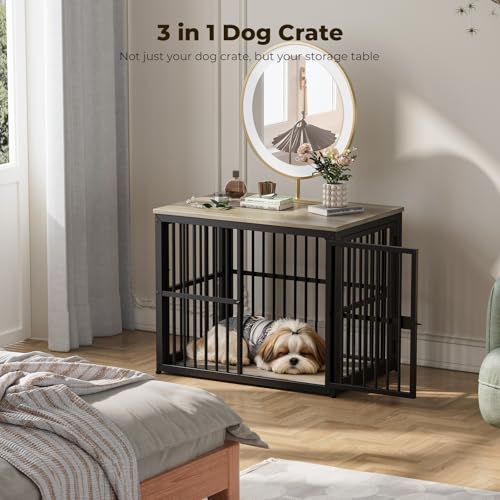 Lyromix 33'' Dog Crate Furniture with 3 Doors for Small to Medium Dogs | Wooden Kennel End Table, Heavy Duty Indoor Cage for French Bulldog, Beagle, Multiple Units Can be Combined, Grey - color: Ancient gray, size: M(33.07''×22.05''×25.98'')