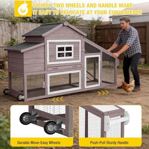 Aivituvin Chicken Coop with Run and Wheels, Mobile Outdoor Hen House Wooden Poultry Cage with Waterproof Roof (Brown, AIR23) - color: Brown, size: 67.3"L x 26.0"W x 39.4"H