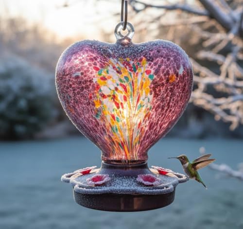 Hand Blown Glass Hummingbird Feeder for Outdoors All Season Use - 28 Fl. Oz. Leak Proof Hummingbird Feeder with Rust Proof Base - Includes Ant Moat, Ant & Bee Proof (Purple) - color: Purple