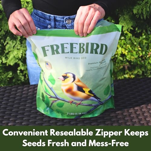 Freebird Premium No Mess Bird Seed for Outdoor Feeders - 7 lb | Shell-free blend with sunflower hearts and peanut pieces for less waste and cleaner feeders. Premium no-mess wild bird food.