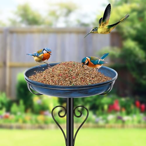 Metal Bird Bath for Outside, Vintage Freestanding Birdbaths with Metal Stake, Upgraded 5 Pronged Base Birdfeeder Feeder Bowl for Outdoors Garden Patio Yard Lawn Decor (Vintage Blue) - color: Vintage Blue