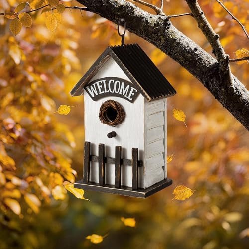 Glitzhome Bird Houses for Outside, Birdhouses for Outdoors, 11" H Washed White Solid Wood Bird Houses Fence Garden Hanging Birdhouses for Bluebird Swallow Sparrow Hummingbird Finch Cardinals - color: 11"H White