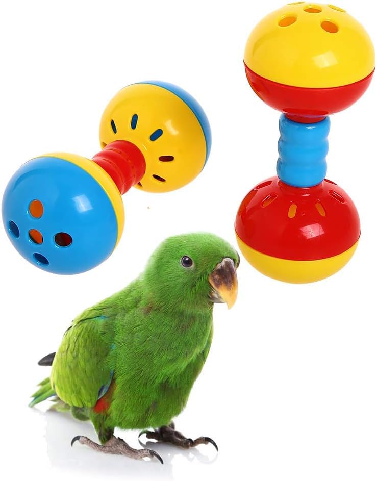 QBLEEV 2 Pack Parakeets Conures Foot Toys, Bird Rattles Bells Play Gym Toy | Durable & soft enrichment barbell thrown ruber ball, activity center cage accessories for indian ringneck african quaker - style: Rattles Bells Foot Bird Toys