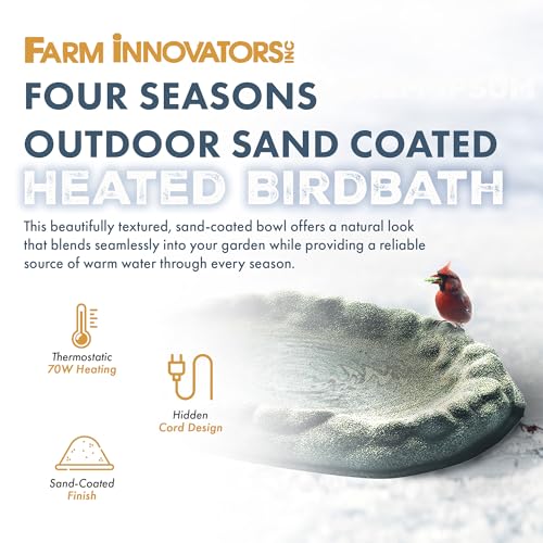 Farm Innovators Heated Bird Bath, Four Seasons Outdoor Decor Shallow Bath Tray for Birds - Backyard & Garden Birdbath with Sand Coated Design | Thermostatically controlled sand-coated oasis with enclosed heating element, cord tucks away for year-round use