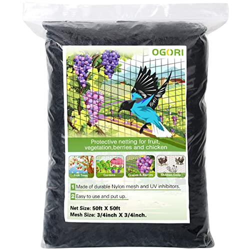 OGORI 50' x 50' Bird Netting Heavy Duty Nylon 3/4" Mesh Garden Netting Protect Fruit Trees, Plants and Vegetables - size: 50'×50'-3/4''