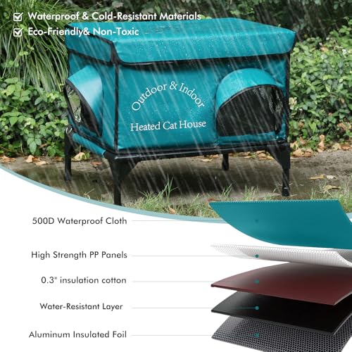Heated Cat House for Outside Cat in Winter, Insulated Outdoor Feral Cat Shelter with Cat Heating Pad, 2 Doors,Elevated Waterproof Heated Kitty House (Blue, 21.5"x16.5"x18") - style: Blue Cat House 01