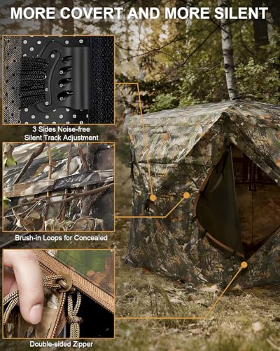 Portable Hunting Blind for 3-4 Persons for Turkey Duck Hunting | 270° See Through Ground Deer Blind with Silent Windows, Windproof Pop Up Blind with Carry Bag, Tent Stakes and Wind Ropes