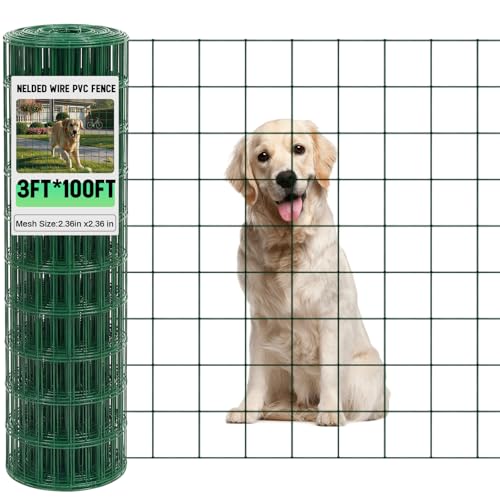 Gisafai 16 Gauge Galvanized Welded Wire Fence 3 ft x 100 ft PVC Coated Hardware Cloth, 2.36" x 2.36" Mesh, Heavy Duty Garden Fencing Roll for Chicken, Dog Yard, Deer Cattle & Animal Protection(Green) - color: Green, size: 3 ft X 100 ft